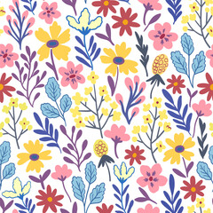 Floral seamless pattern in folk boho style. Ditsy print for textile, fashion and design. Vector illustration
