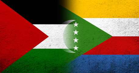 Flag of Palestine and The Union of the Comoros National flag. Grunge background