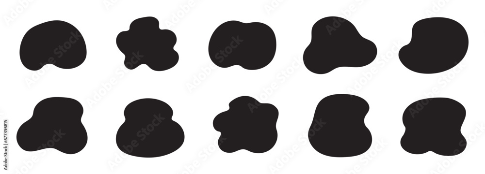 Poster Organic blob shape, abstract amoeba, irregular fluid element set. Simple flat abstract splodge, amoeba blob, liquid shape graphic design element. Vector illustration