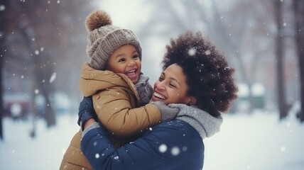 Happy family having fun while travel outdoor in winter enjoying time together comeliness