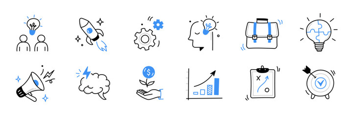 Business idea, startup doodle line icon set. Hand drawn doodle sketch line style business strategy, finance goal, startup idea concept. Rocket, target, brain cute element. Vector illustration - obrazy, fototapety, plakaty