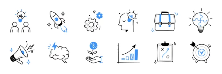 Foto op Plexiglas Business idea, startup doodle line icon set. Hand drawn doodle sketch line style business strategy, finance goal, startup idea concept. Rocket, target, brain cute element. Vector illustration © Polina Tomtosova