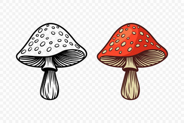 Vector Hand Drawn Cartoon Fly agaric, Toadstool Mushroom with Outline Icon Set Isolated. Mushroom Illustration, Mushrooms Collection. Magic Mushroom Symbol, Design Template