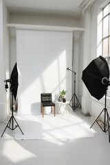 Professional photography studio featuring a pristine white roll-up backdrop and strategically placed photo lights for optimal shooting conditions. - obrazy, fototapety, plakaty