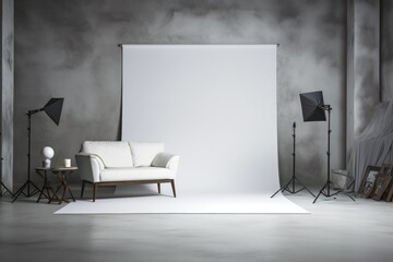 Professional photography studio featuring a pristine white roll-up backdrop and strategically...