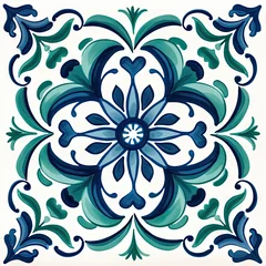 Gordijnen Ethnic folk ceramic tile in talavera style with blue and green floral ornament. Italian pattern, traditional Portuguese and Spain decor. Mediterranean porcelain pottery isolated on white background © ratatosk