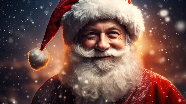 Close up of smiling santa claus with fantasy light background