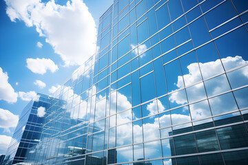 the reflection of the blue sky and white clouds in the window glass of high-rise buildings, including reflective skyscrapers and business office buildings with glass curtain wall details, - obrazy, fototapety, plakaty