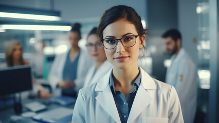 Beautiful young woman scientist wearing white coat and glasses in modern Medical Science Laboratory with Team of Specialists on bac.
