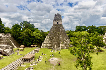 Tourism at the Ancient Mayan City in the jungle at Tikal ruins in Guatamala