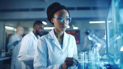 Beautiful young woman scientist wearing white coat and glasses in modern Medical Science Laboratory with Team of Specialists on bac.
