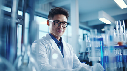 Handsome young man in white coat and glasses in modern medical scientific laboratory with team of specialists on bac.