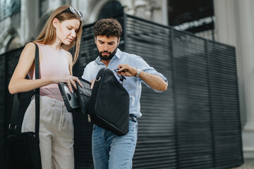 Naklejka premium Young professionals discuss new business ideas outdoors in an urban city center. They strategize for business expansion, profit growth, and sustainability. Collaborating with enthusiasm.