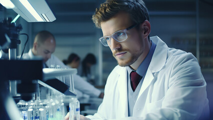 Handsome young man in white coat and glasses in modern medical scientific laboratory with team of specialists on bac.