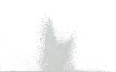 Explosion of snow falling down from sky or roof, heavy big small size snows. Freeze shot on black background isolated. Fluffy White snowflakes splash explode cloud up in mid air storm