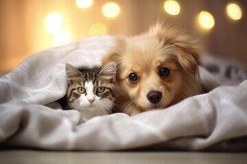 Adorable Pets Christmas: A Heartwarming Scene with Dog and Cat Cuddled under a Christmas Decorated Blanket. Cute Animal Love in Festive Setting!
