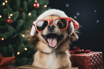 Christmas Joy with a Cute Dog. Festive Concept of a Chihuahua with Fashioned Glasses, Smiling and Yawning, alongside Christmas Tree and Colorful Presents.