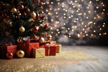 Fototapeta na wymiar Christmas Floor: Beautiful 2024 Celebration with Gift Boxes near Fir Tree in Room.