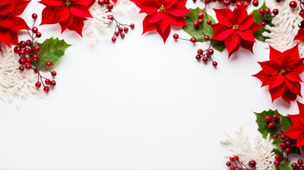 Christmas Frame Border: Festive Christmas Decoration with Red Poinsettia Flowers, Berries, and Branches. Perfect for Happy Holiday Greetings!