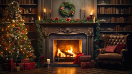 Vintage Christmas Tree in Retro Living Room: Festive Fireplace, Tree Decoration, and Cozy Interior Design