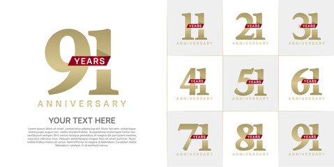 Set of Anniversary Logotype with red ribbon, golden color can be use for special day celebration