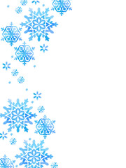 雪のイラストで装飾されたテンプレート、水彩風の淡い青色、白背景、