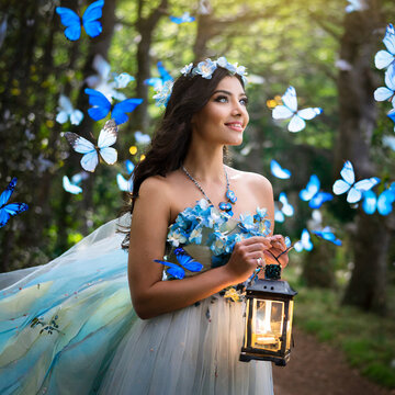donna fata fatata lampada farfalle bosco fiaba 