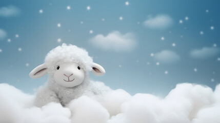 White sheep lies in a fluffy cloud, sweet dreams, a message for children, poster or background illustration, generative ai