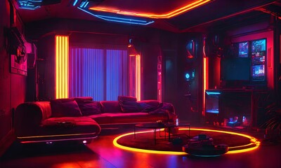 先進的かつ近未来的なデザインのお部屋、上品でポップなネオンルーム｜A room with an advanced and futuristic design.An elegant and pop neon room. Generative AI - obrazy, fototapety, plakaty