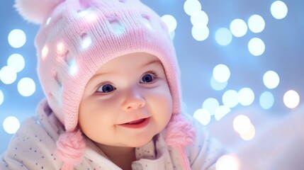 Fototapeta premium Close up portrait of a cute smiling baby with beanie posing in Christmas decoration lights, Concept of Christmas and New Year joy, excitement and celebration. Pastel pink blue colors, bright light