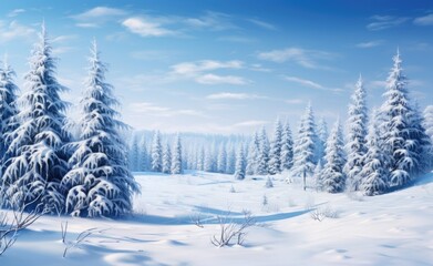Snow-covered pine trees in a serene winter landscape with a clear blue sky