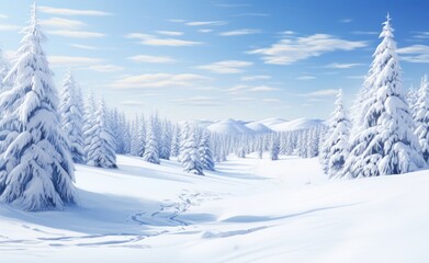 Obraz premium Snow-covered pine trees in a serene winter landscape with a clear blue sky