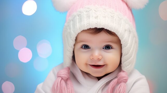Close up portrait of a cute smiling baby with beanie posing in Christmas decoration lights, Concept of Christmas and New Year joy, excitement and celebration. Pastel pink blue colors, bright light