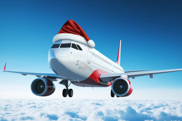 Christmas travel concept. An airplane wearing a red Father Christmas santa hat