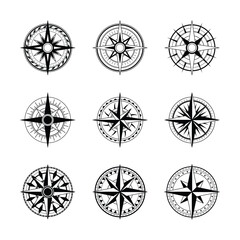 Set of Vintage Compass marine wind rose, nautical chart. Monochrome navigational compass with cardinal directions of North, East, South, West. Geographical position, cartography and navigation.  - obrazy, fototapety, plakaty