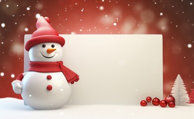 Snowman in a red hat and scarf beside Christmas decorations and a blank sign