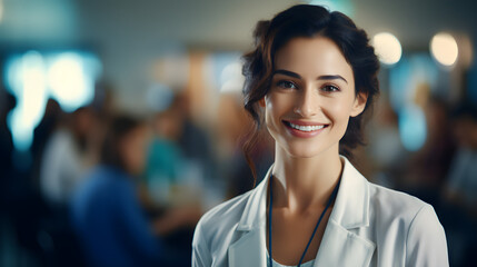 A female doctor or nurse is standing in the front row of a medical training class or seminar room background, smiling cheerfully and looking confident, - obrazy, fototapety, plakaty