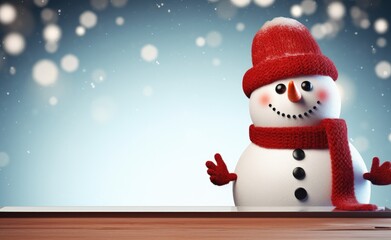 Smiling snowman with a glittering red top hat and scarf in a snowy scene. copy space