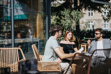 A diverse team gathers in a busy city area, discussing budgets, business growth, and investment risks. Collaboration drives successful strategies, while challenges are managed.