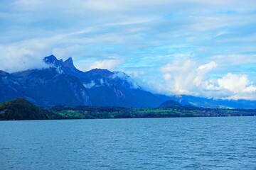 I traveled by a boat trip from Interlaken pier to Thun City, and captured the landscape of surroundings at the lake of Thun City, Switzerland, on 15 October, 2023.