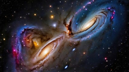 Spiral galaxies colliding. Gas clouds. Concept art. Cosmic art. Galactic art. 4K - 8K - 12K TV. Generative AI.