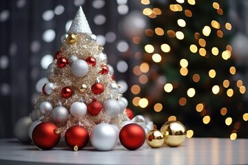Christmas holiday decor on the background of a Christmas tree, home comfort and holiday concept