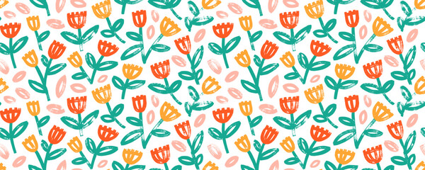 Fototapeta na wymiar Floral seamless pattern with brush-drawn wild flowers. Colorful abstract plant motif.