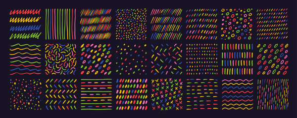 Multi colored various doodle patterns and texture with thin charcoal lines, dots, and curves.
