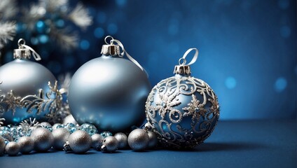 A blue christmas background with a blue background and silver ornaments