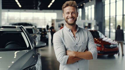 Man happy customer for buyer new car auto, male want buy automobile in showroom vehicle dealership store motor show indoor Sales - obrazy, fototapety, plakaty
