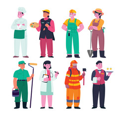 A Group of People wih different job and occupations character worker. chef, artist, construction worker, gardener, painter, doctor, fire fighter, waiter standing celebrate Labor Day.