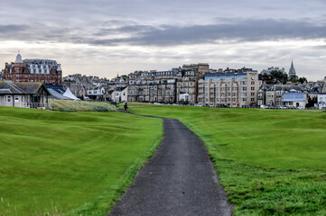 St Andrews, Scotland - September 22, 2023: Early morning views of the Old Course in St Andrews...