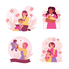 Set of Happy Mothers Day. Collection of spring label. Vector illustration with woman and her child. Beautiful template. Can be used for banner, poster, card, postcard and printable.