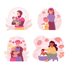 Set of Happy Mothers Day. Collection of spring label. Vector illustration with woman and her child. Beautiful template. Can be used for banner, poster, card, postcard and printable.